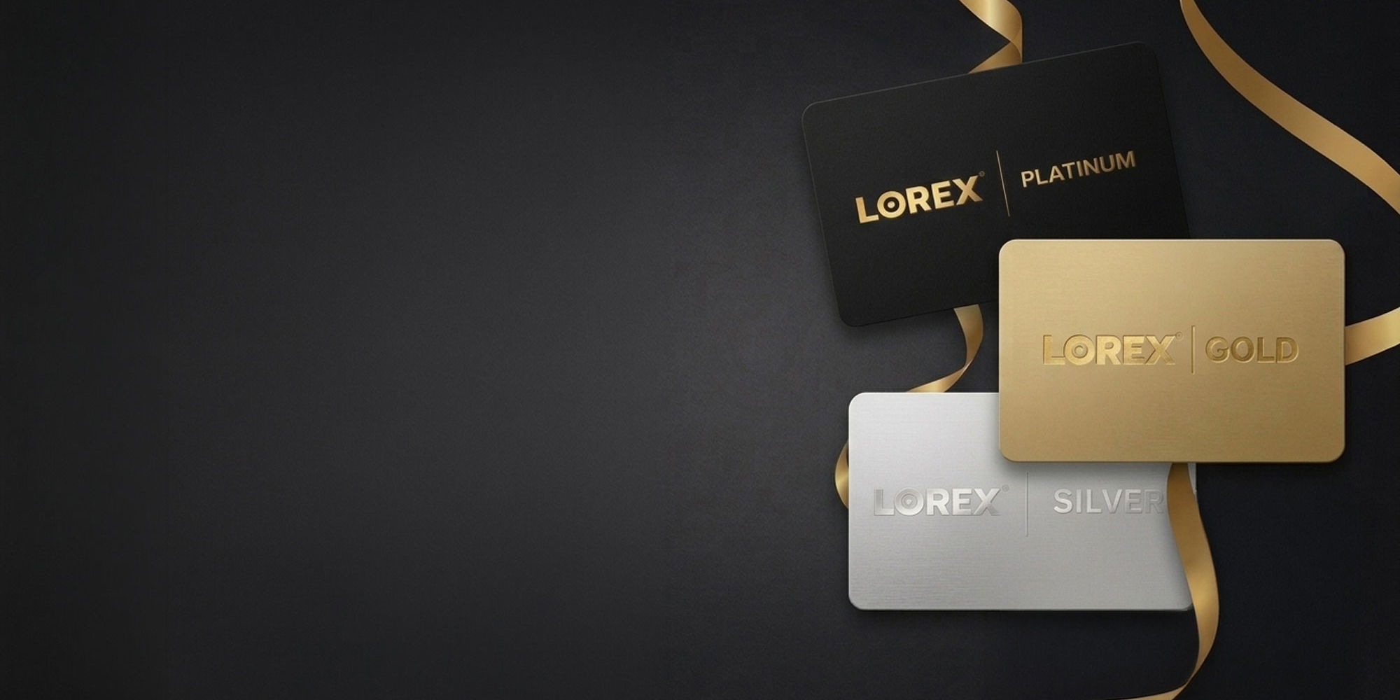 Lorex for Business Partner Rewards Banner with Silver, Gold, and Platinum business cards