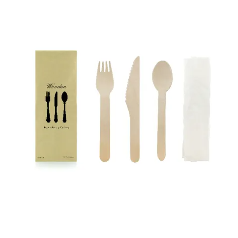 A wooden cutlery kit including a knife, fork, spoon, and napkin