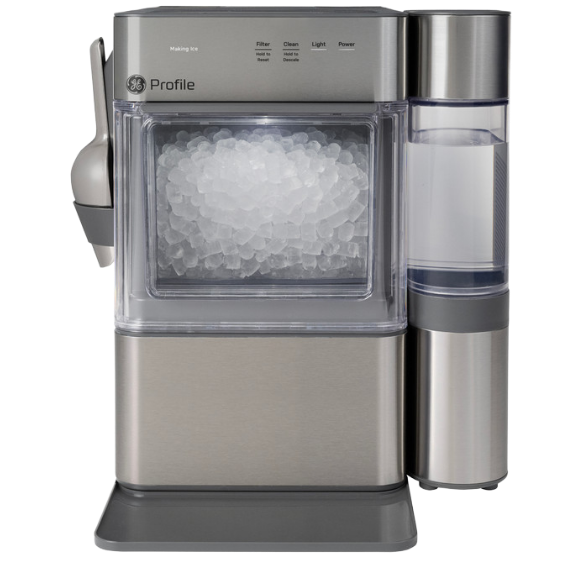 Ice maker machine with a water reservoir and control panel.