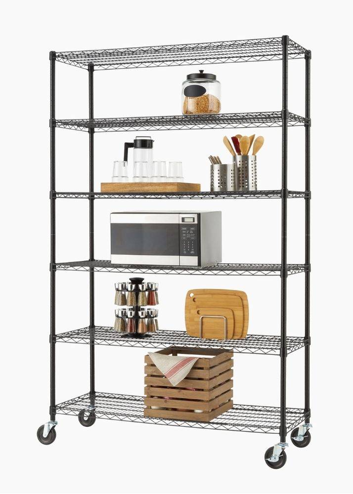 6 tier black wire shelving rack filled with pantry and kitchen items