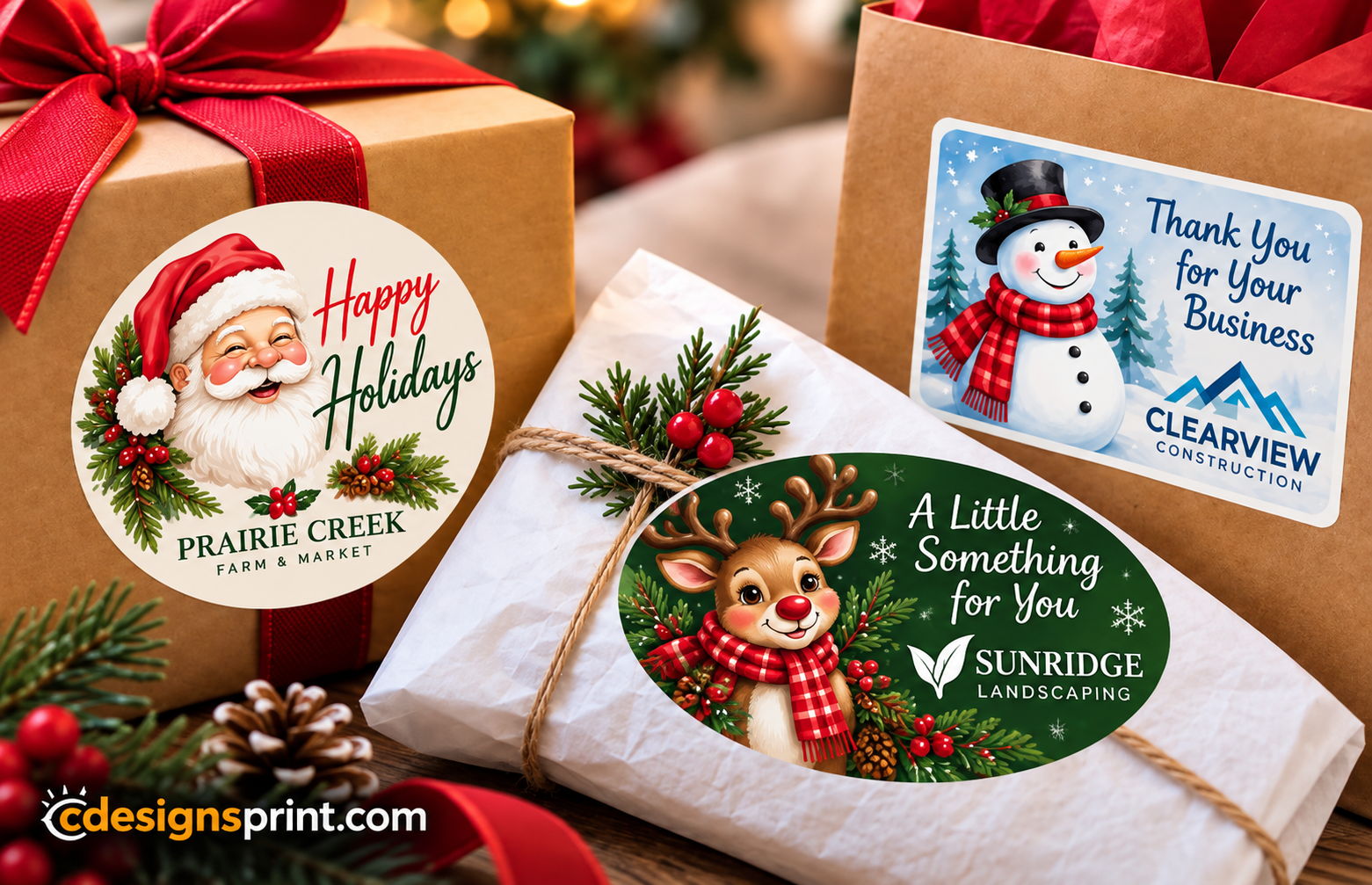 Custom holiday stickers for businesses featuring festive Santa, snowman, and reindeer designs.