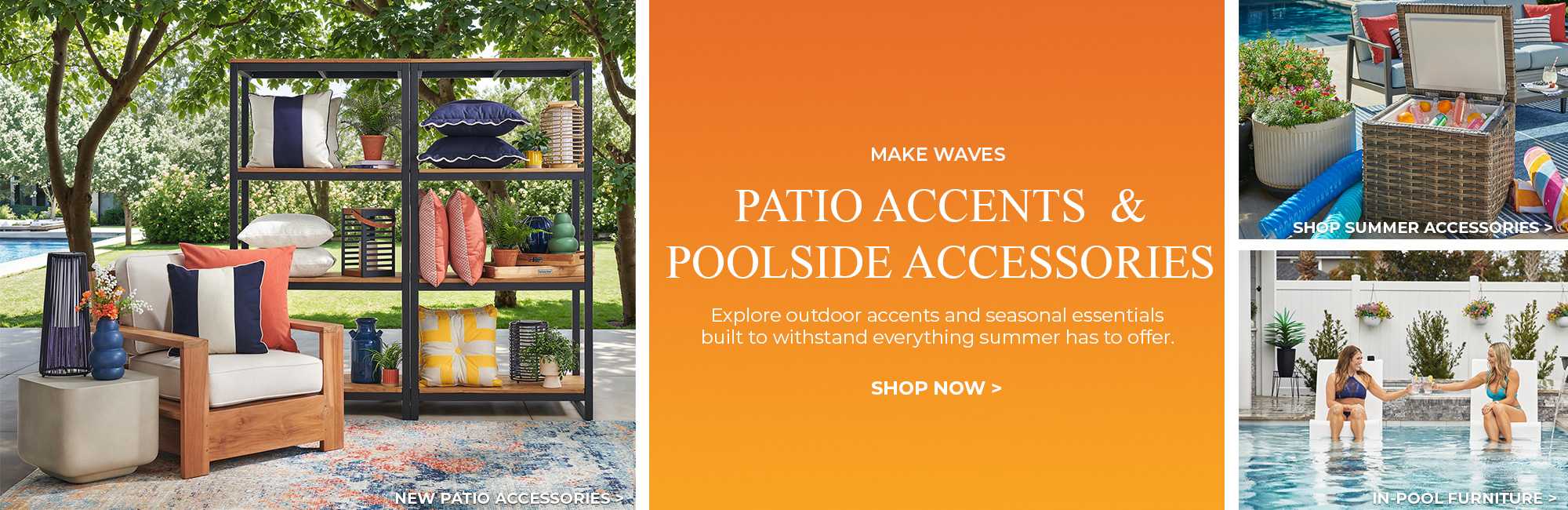 Patio seating and pool accessories displayed in a sunny outdoor setting.