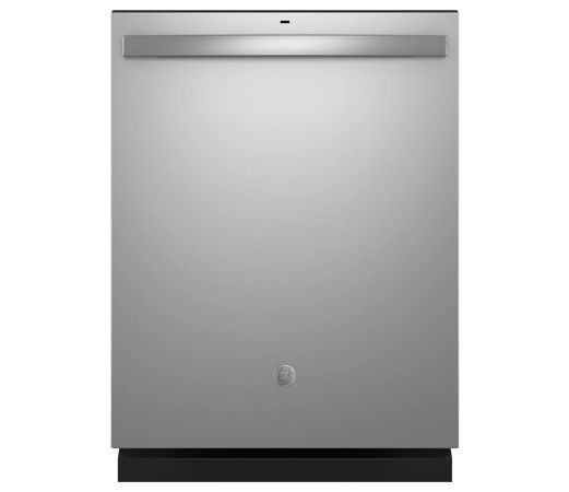 Stainless dishwasher with a sleek design and hidden control panel.
