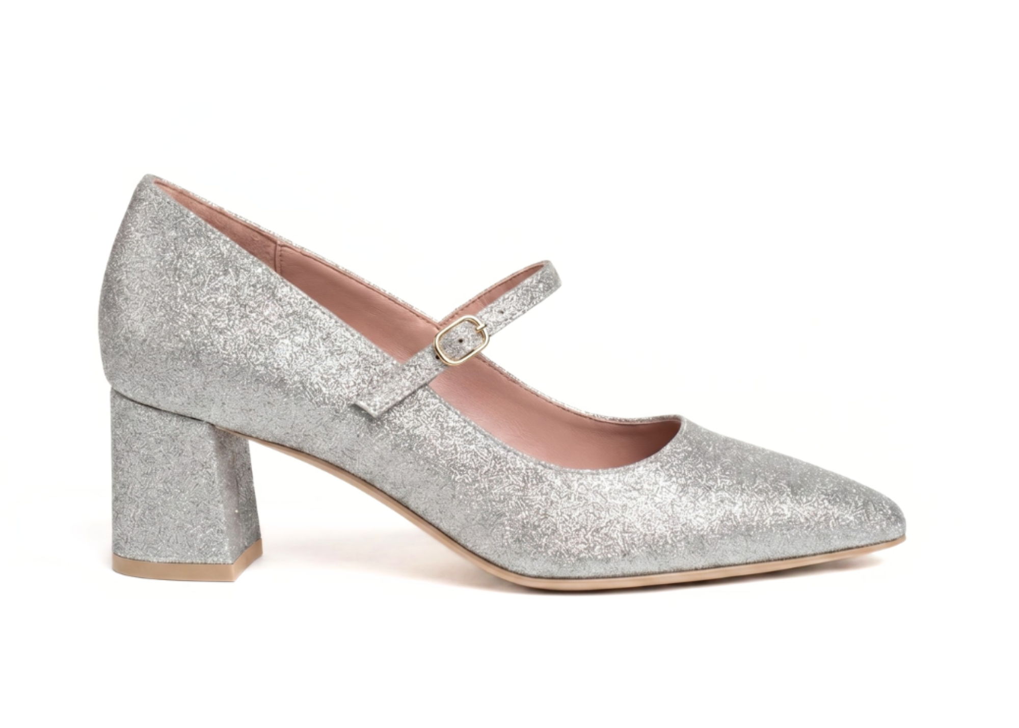 Silver glitter Mary Jane shoe with a block heel.