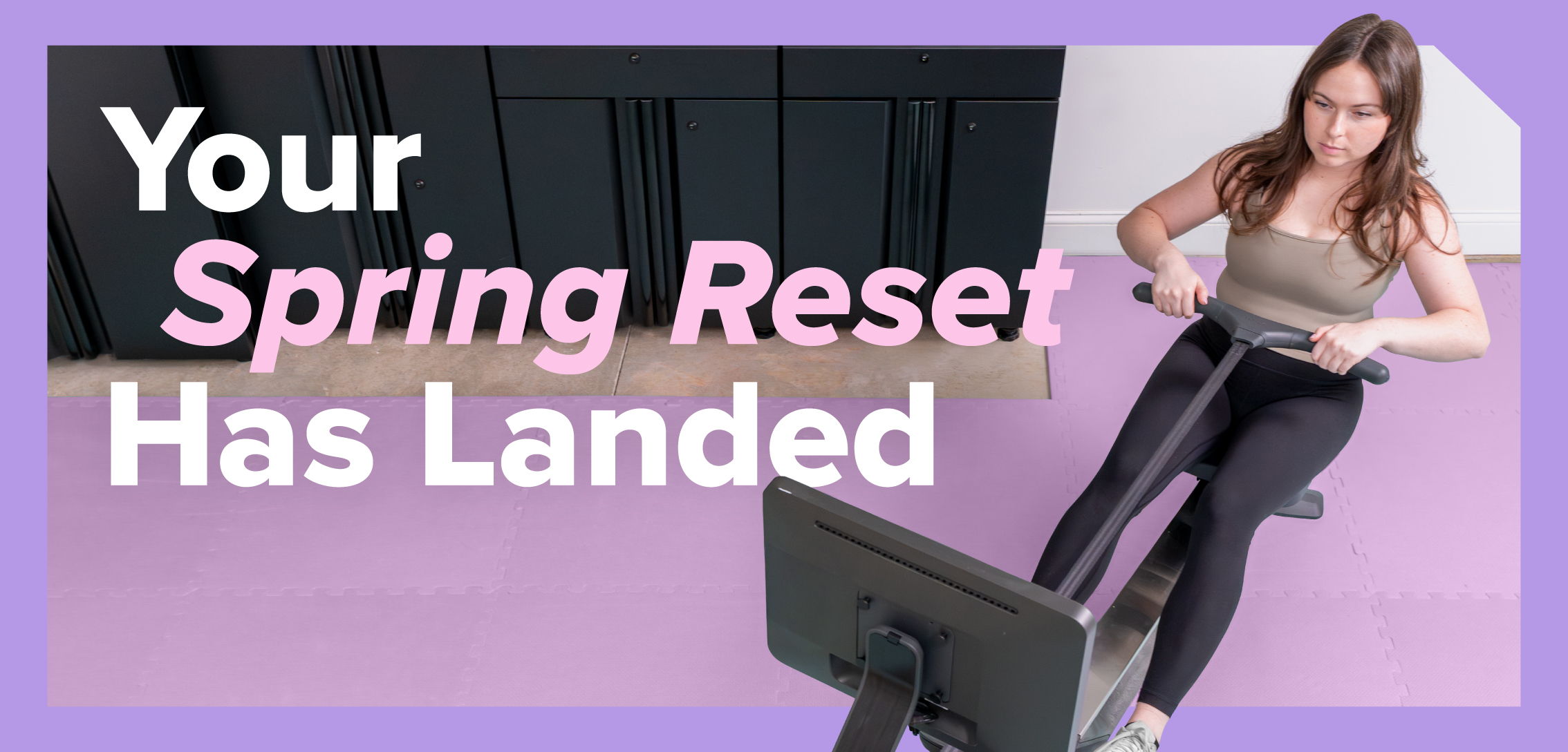 A woman exercising on a rowing machine with motivational text.