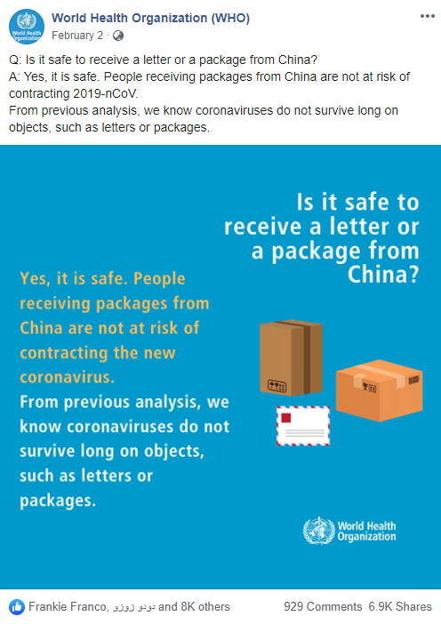 WHO says it is safe to receive packages from China