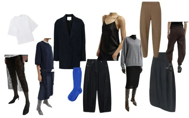 Collection of various clothing items including tops, pants, and skirts.