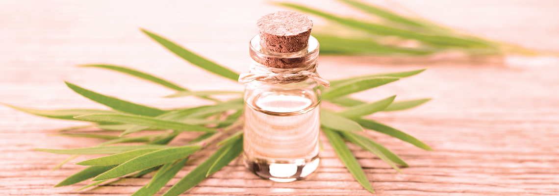 Small glass vial of liquid surrounded by green leaves on a wooden surface.