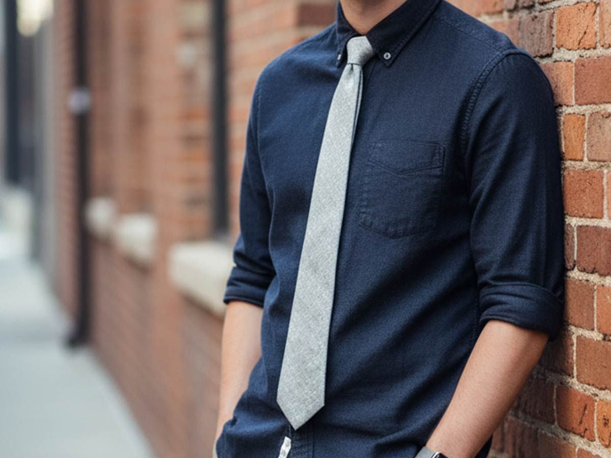 Gen Z man wearing a gray textured tie with a navy solid flannel