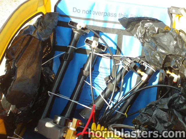 Four black air horn trumpets yellow blue trailer compartment warning label airlines Will's 2011 Sweet Bicycle Shocker XL gallery photo 5