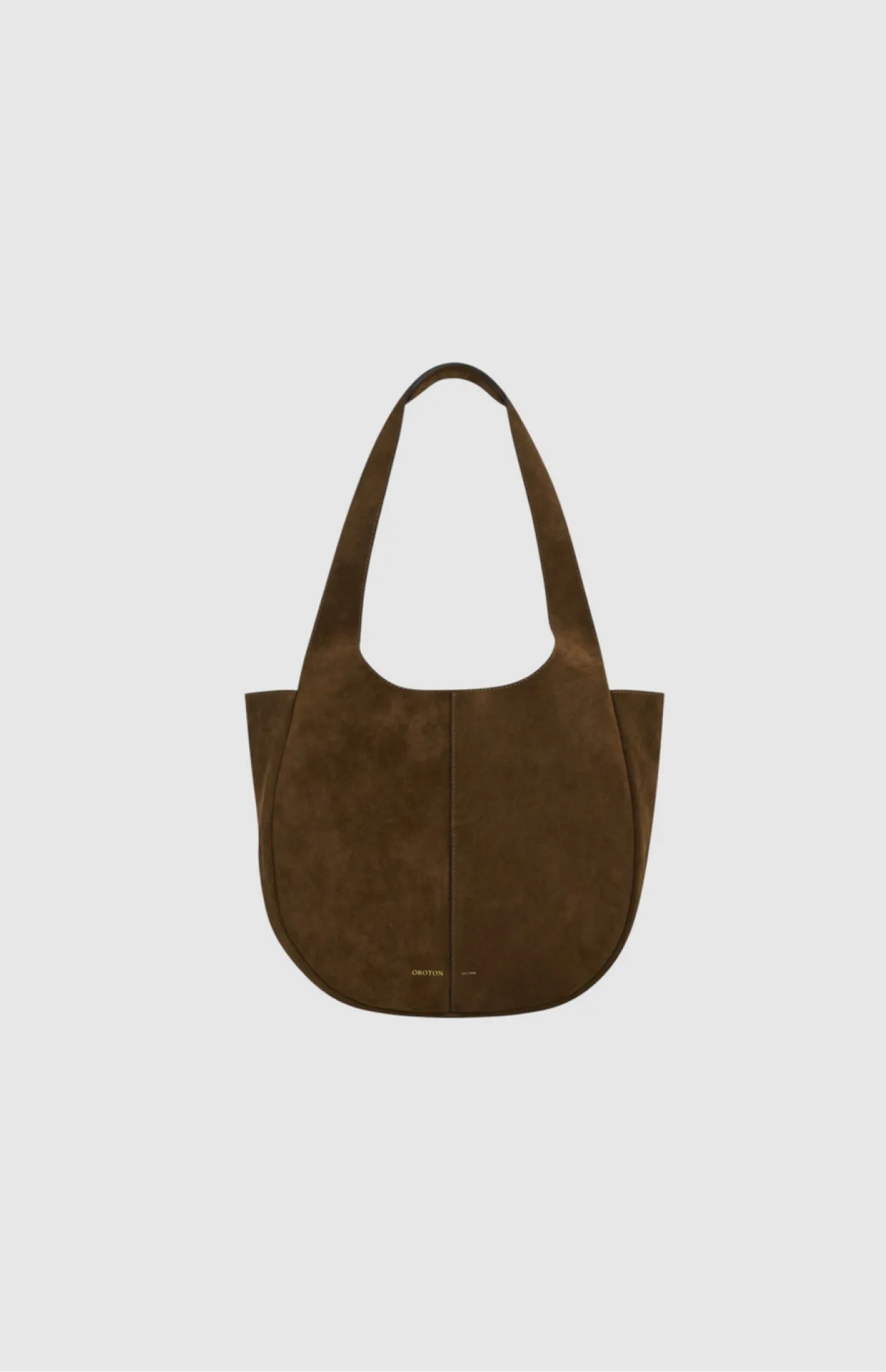 Brown suede tote bag with a rounded shape and long straps.