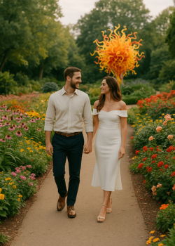 Couple walking through a garden in Atlanta surrounded by flowers and autumn foliage.