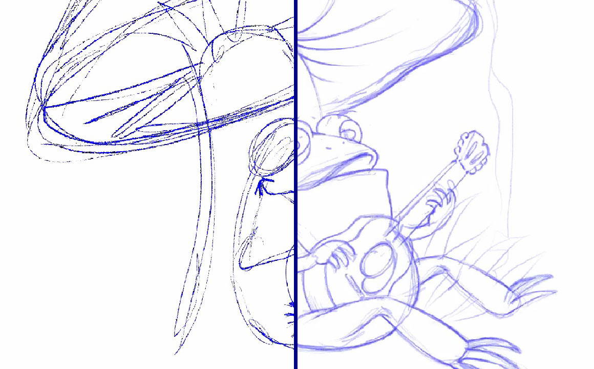 Two sketches split down the middle of a toad playing guitar.