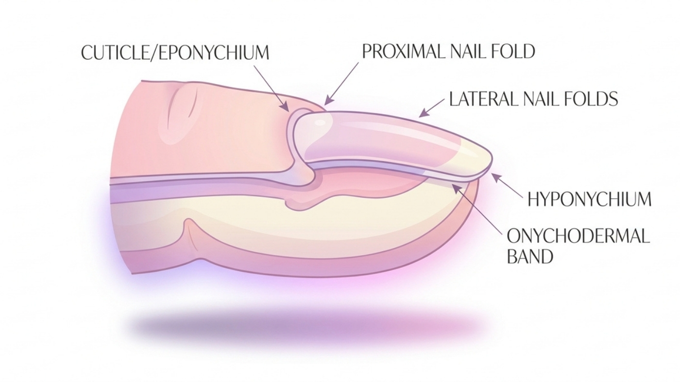 Cutaway diagram of nail anatomy labeling the four guardian seals: cuticle, lateral folds, hyponychium, and onychodermal band
