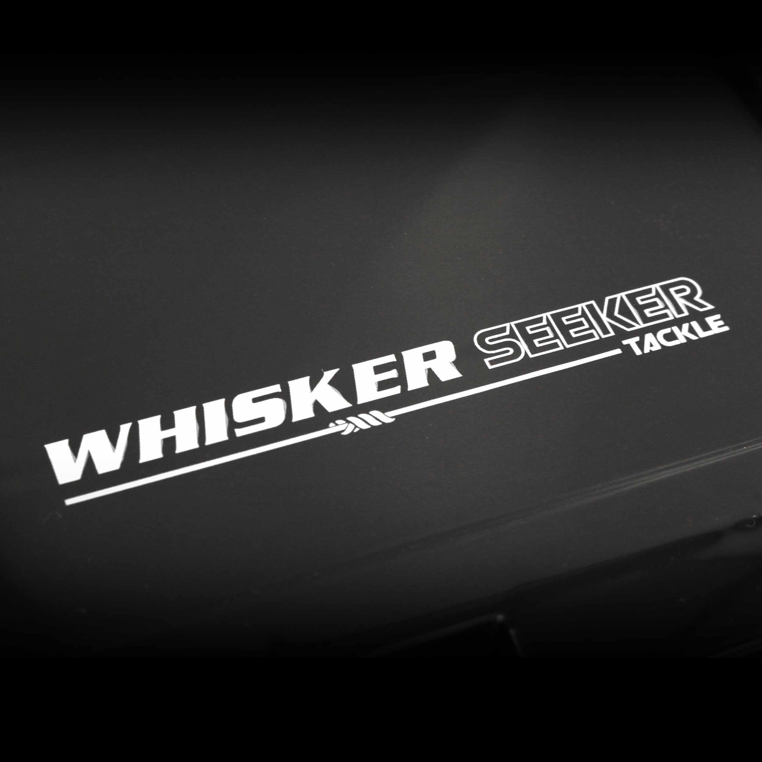Whisker Seeker Tackle logo pad printed in white on top of box