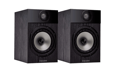 Two black bookshelf speakers with a silver woofer and tweeter.