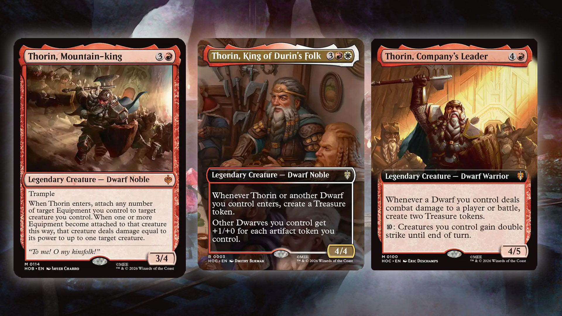 The Three Thorin Commanders for Dwarf Typal decks from the MTG The Hobbit expansion.