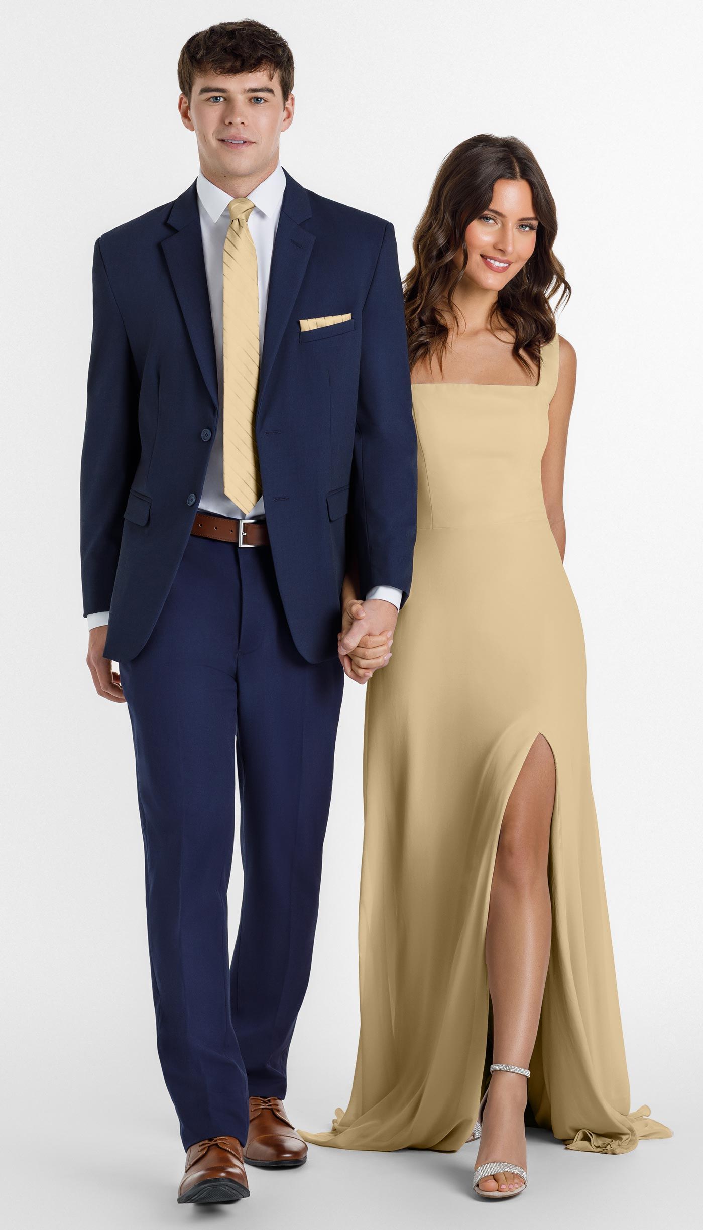 Navy Suit with Champagne Bridesmaid Dress