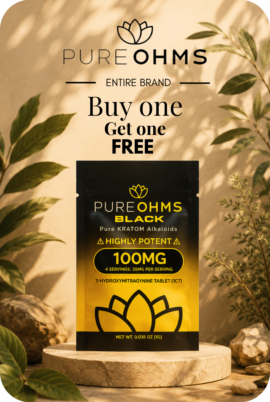 Pure Ohms Black product packaging with promotional offer.