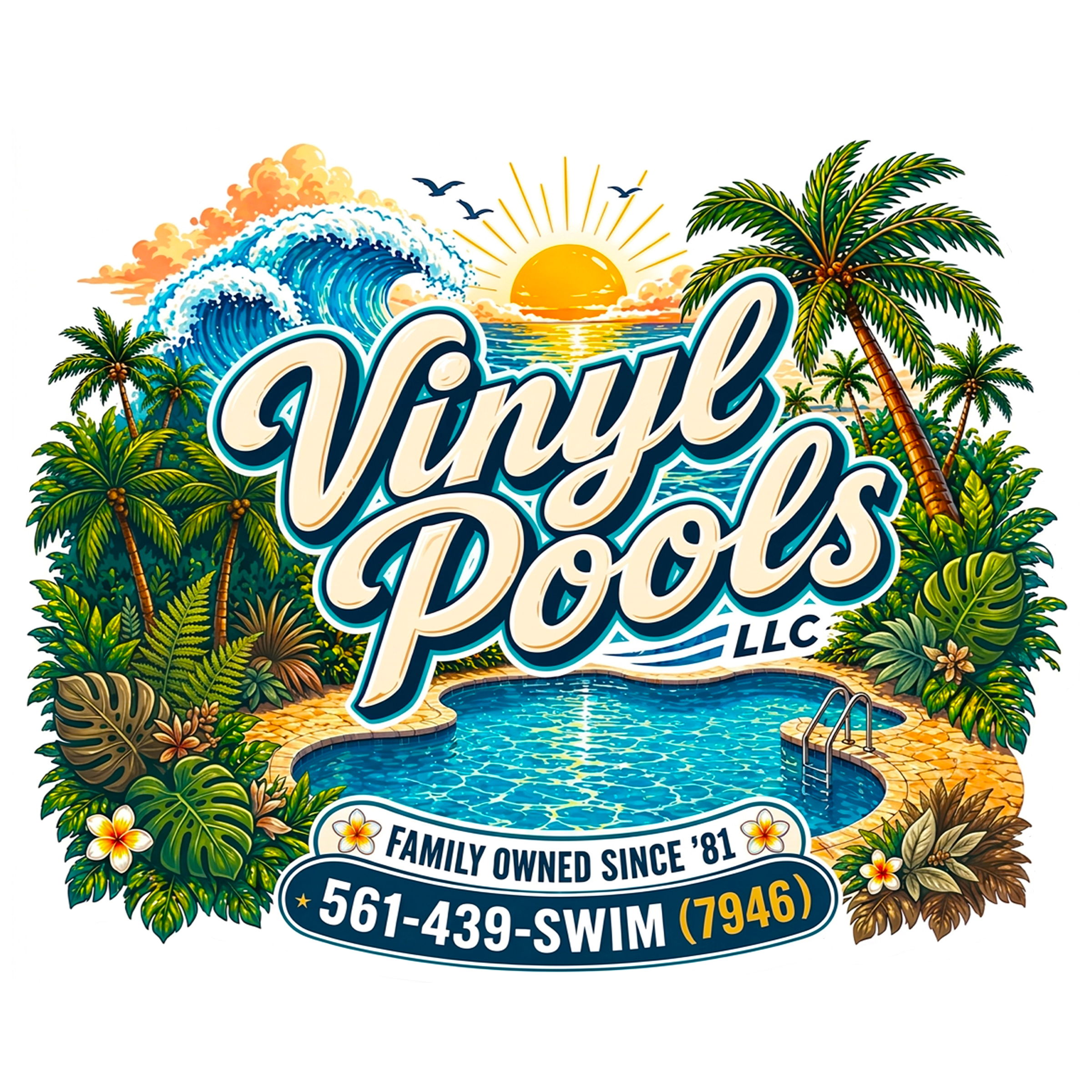 Vinyl Pools logo featuring clean, professional typography representing a custom swimming pool company specializing in vinyl liner pool construction, renovation, and repair services.