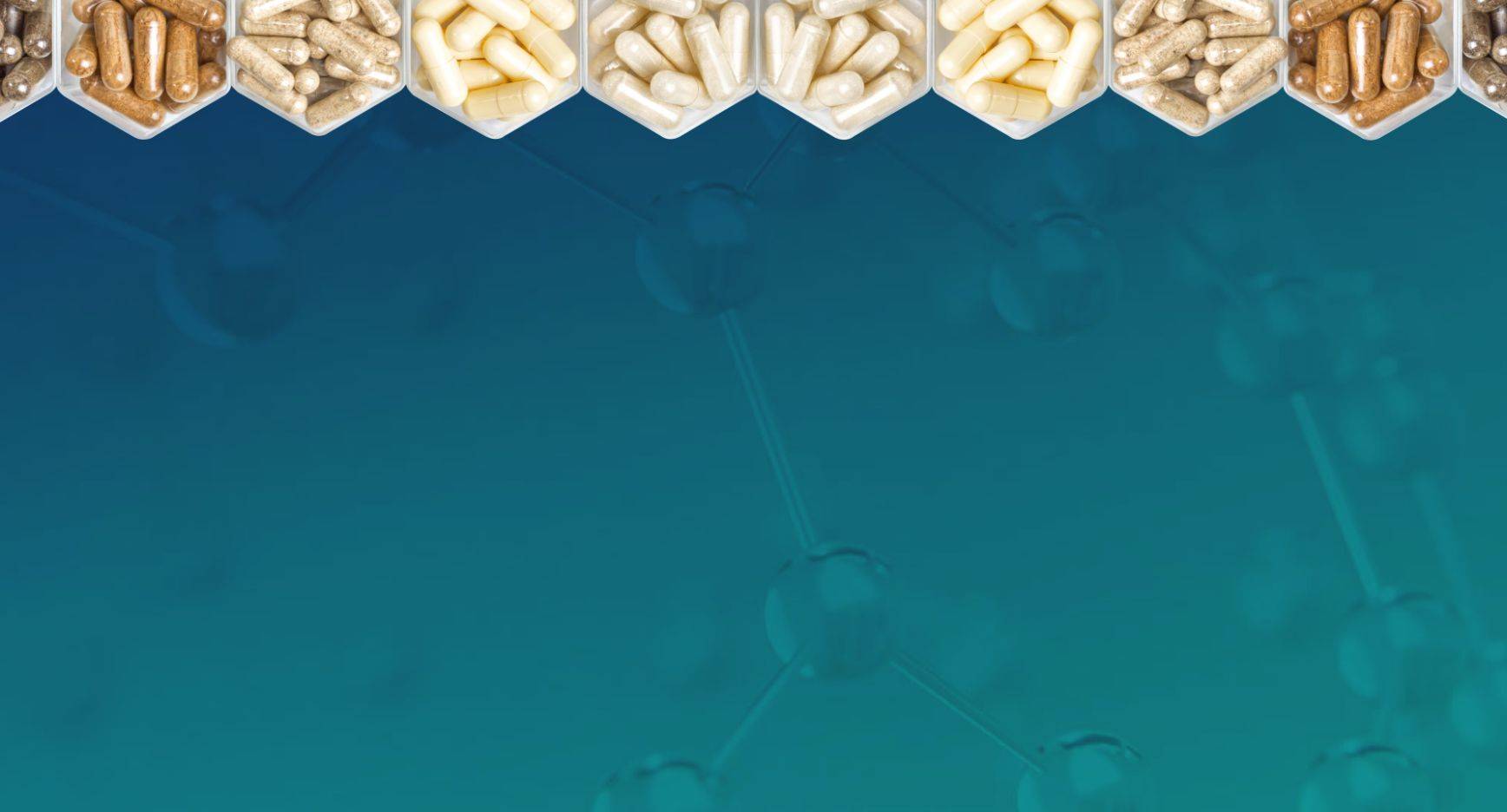 Capsule-tray hexagon divider over a deep teal molecular-texture background