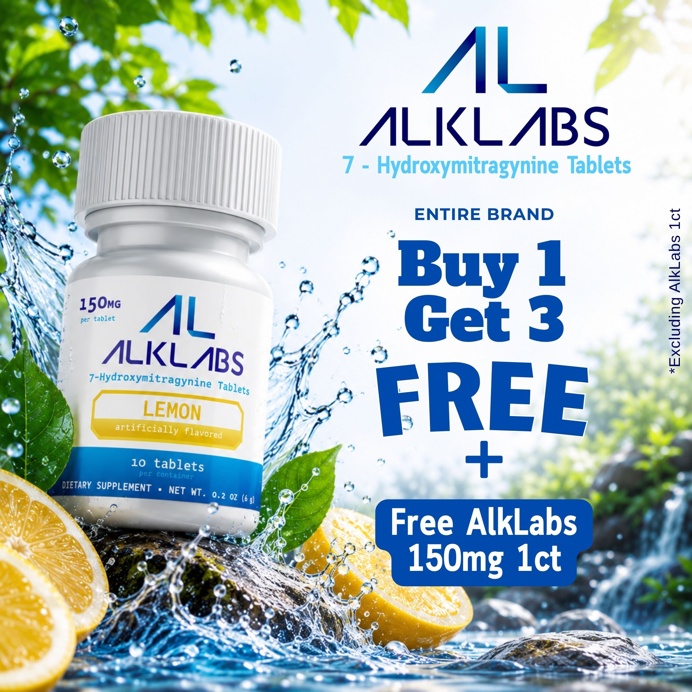 AlkLabs tablets promotion with lemon and water background. Buy 3, get 1 free.