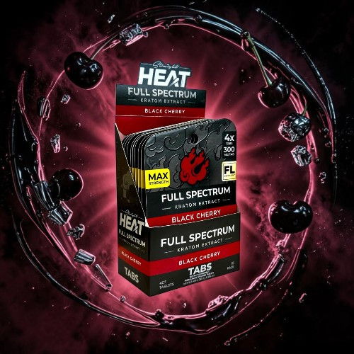 Box of HEAT Full Spectrum Black Cherry supplement on a dynamic background.