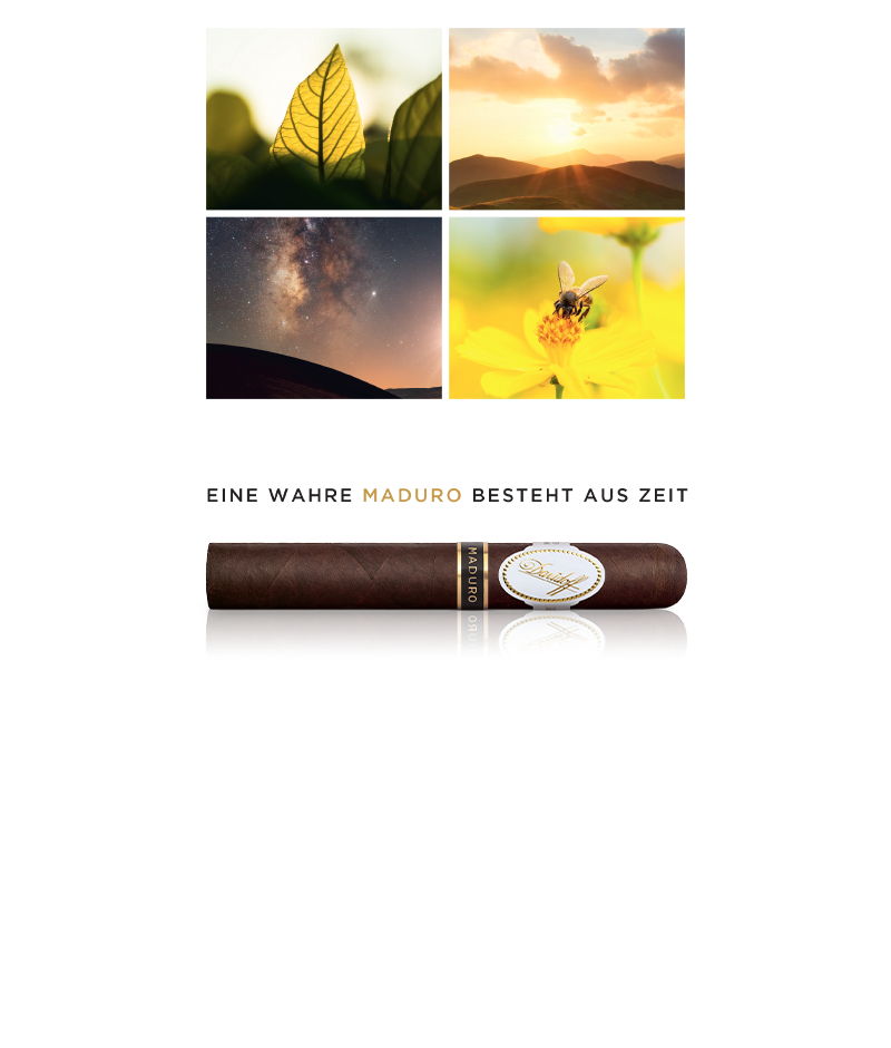 Maduro Zigarre mit vier Moodbildern - ein Tabakblatt, ein Sonnenuntergang, Sternenhimmel und eine Biene mit Blume - Eine wahre Maduro besteht aus Zeit