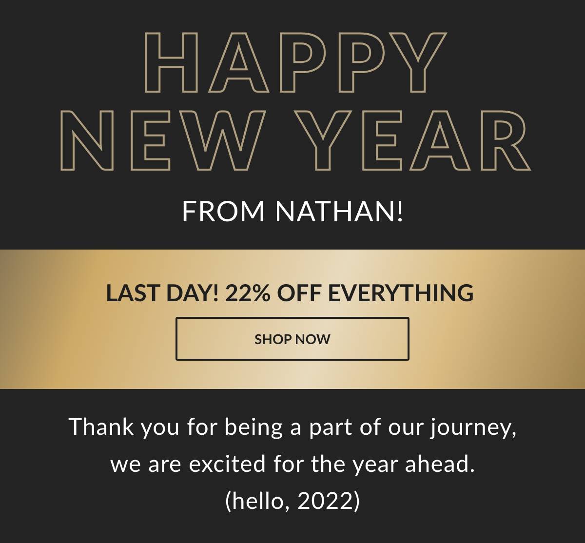 Happy New Year from Nathan! Last Day! 22% Off Everything. Shop Now. Thank you for being a part of our journey, we are excited for the year ahead. (Hello, 2022!)