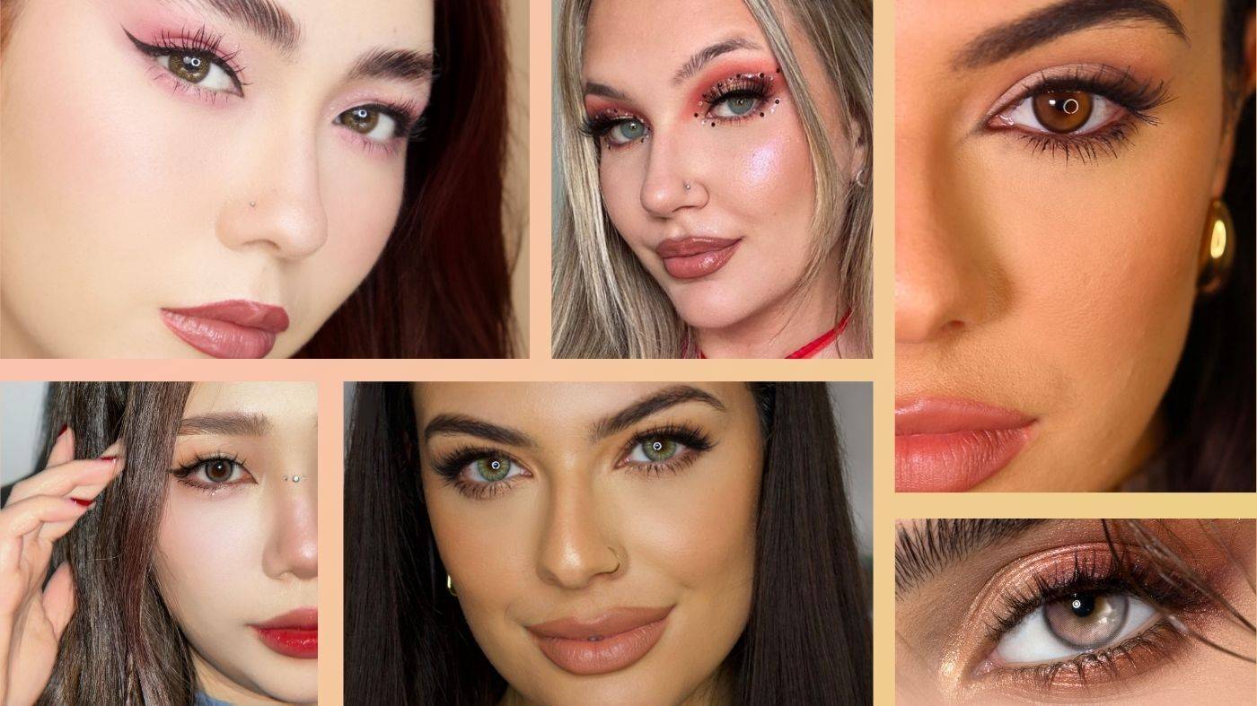 A photo collage of models wearing colored contact lenses