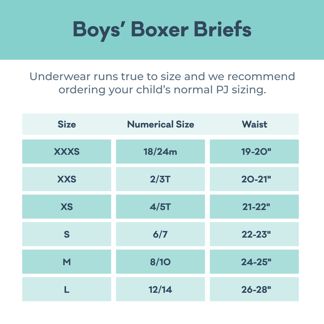 Boy's Boxer Brief Size Chart: underwear size xxxs 19-20in waist and 18/24m size; underwear size xxs 20-21in waist and 2/3T size; underwear size xs 21-22in and size 4/5T; underwear size s 22-23in waist and size 6/7m; underwear size m 24-25in size 8/10; underwear size L 26-28in size 12/14