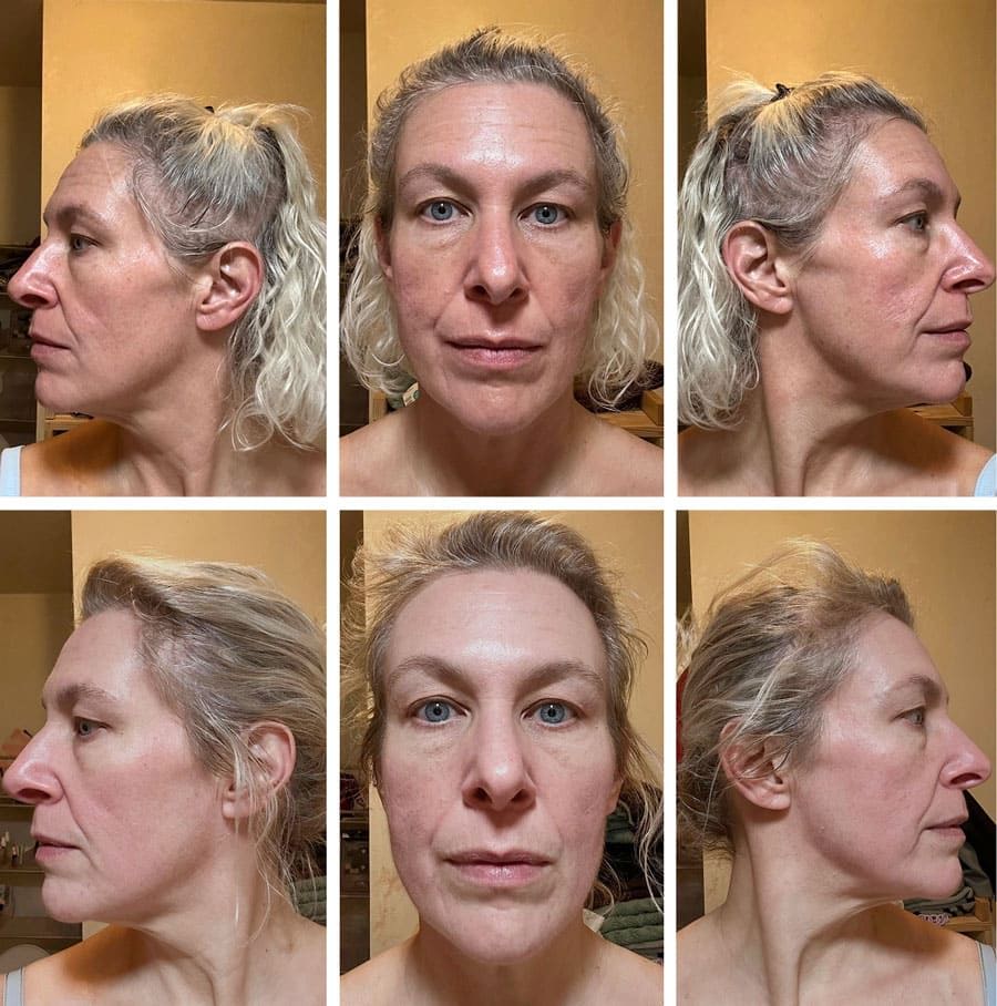 A collage of six profile views of a woman’s face.