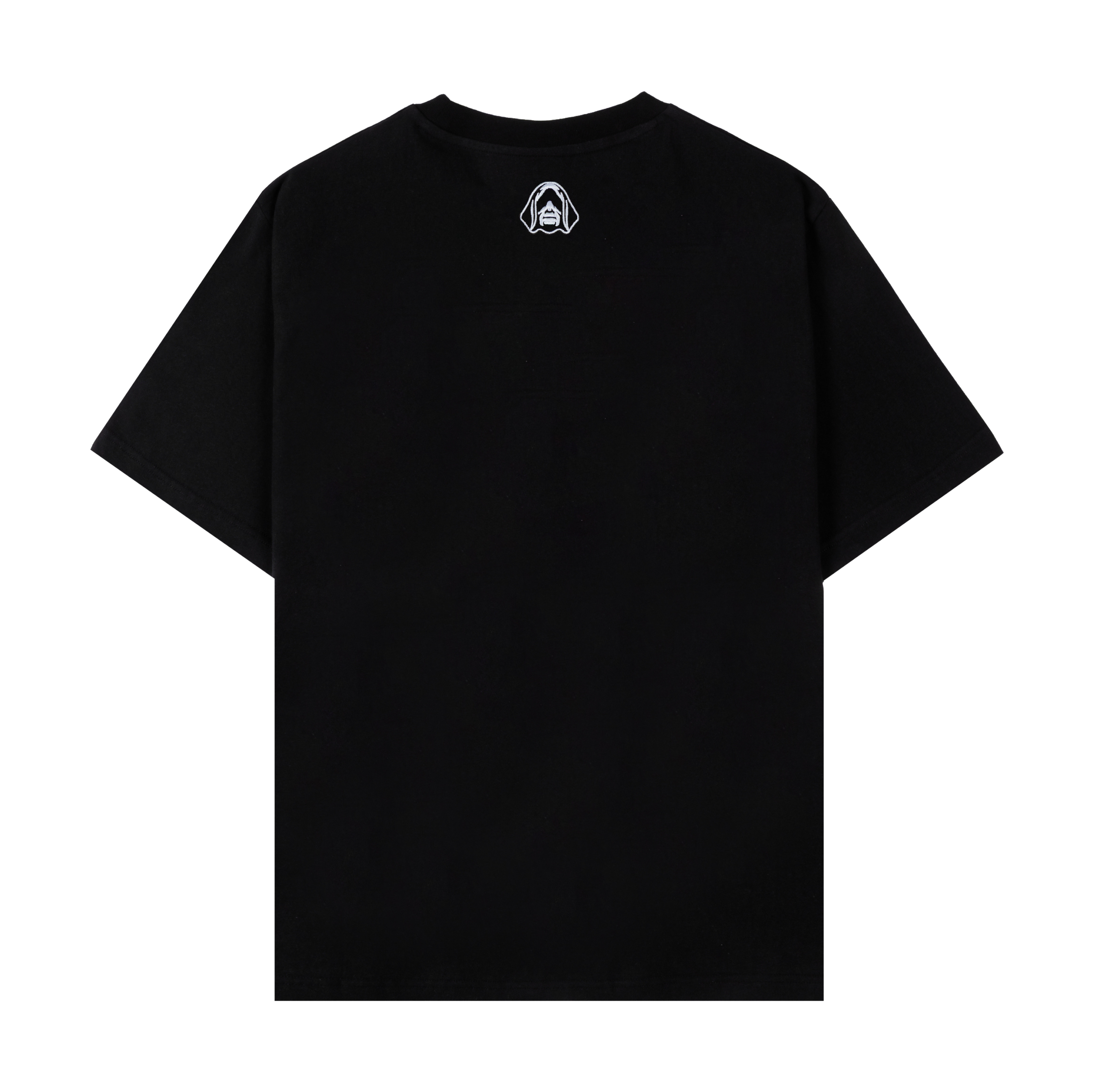 Black t-shirt featuring a graphic of a hooded figure with lightning effects.
