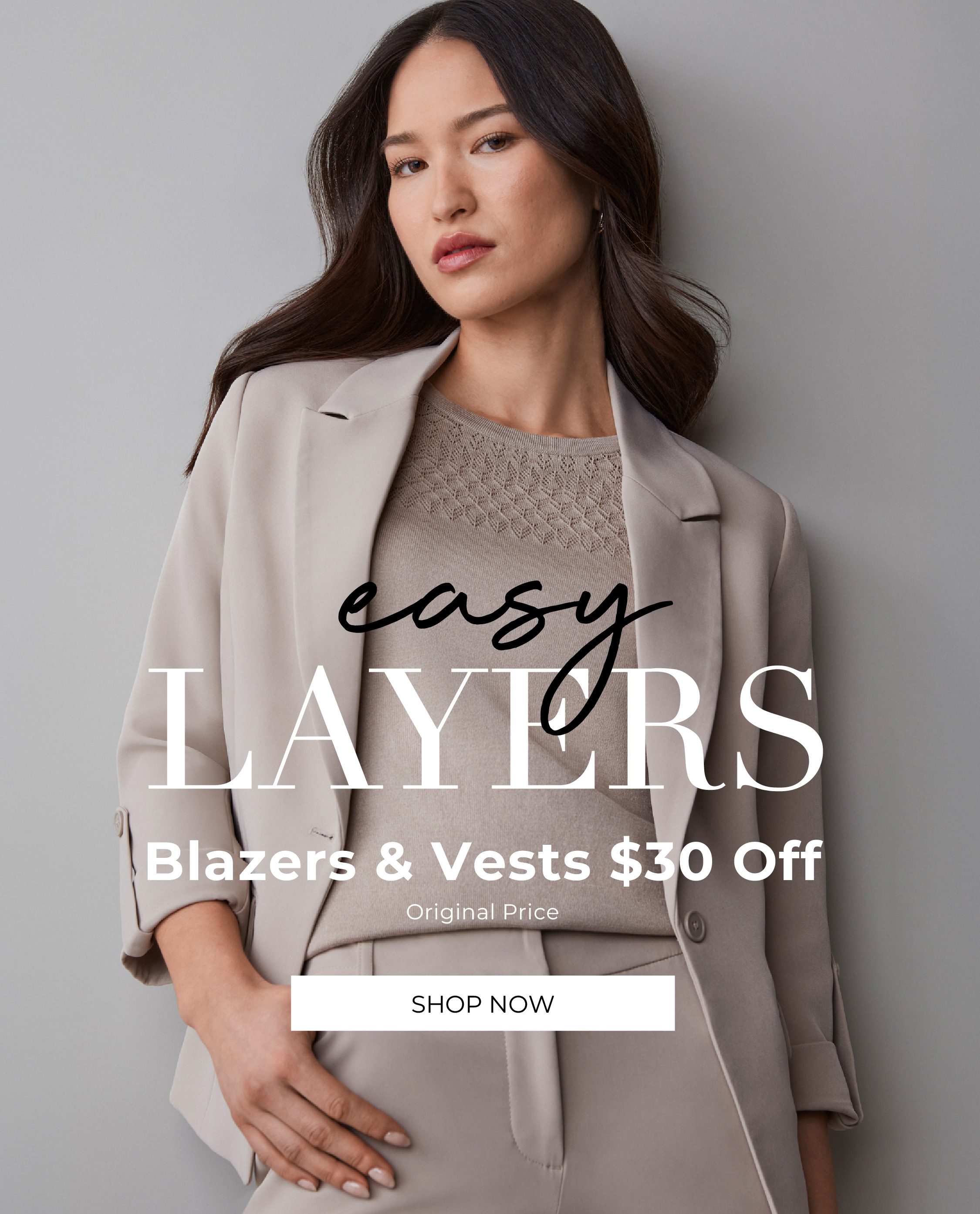 Model wearing a stylish blazer promoting discounts on blazers and vests.