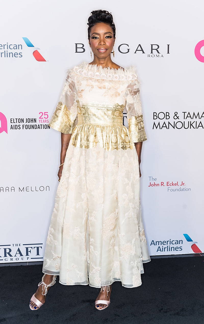 Heather Headley wore Badgley Mischka Couture and Badgley Mischka shoes at the Elton John AIDS Foundation fall gala in New York.