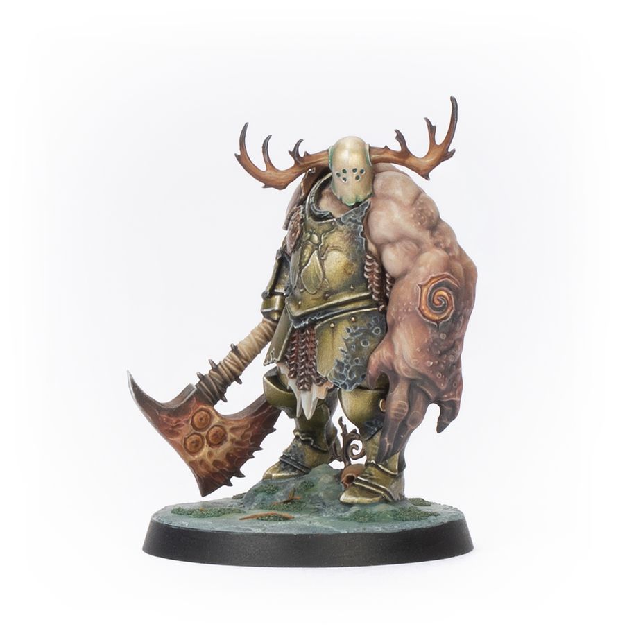 A detailed figure of a warrior with antlers and an axe.