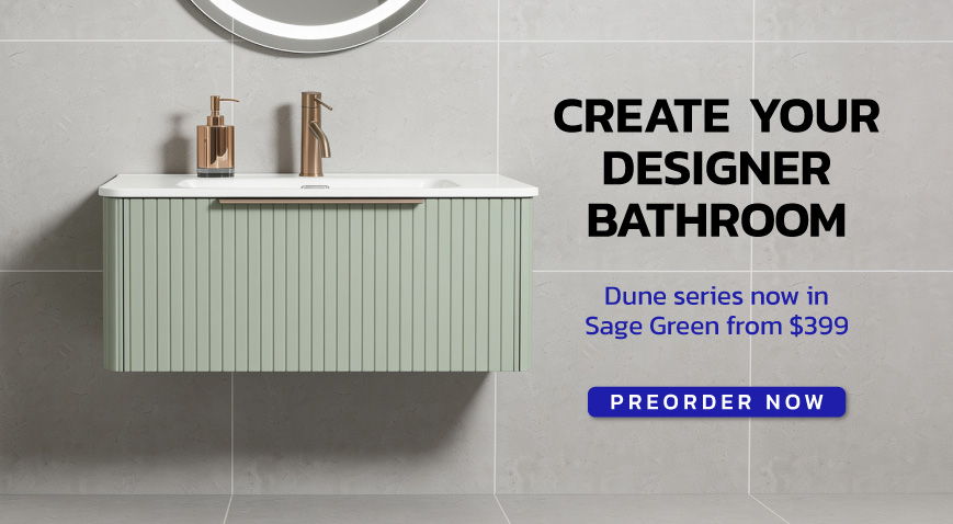 Image of a stylish bathroom vanity with promotional text.