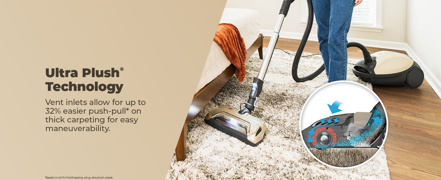 Person vacuuming a carpet with Ultra Plush Technology description.