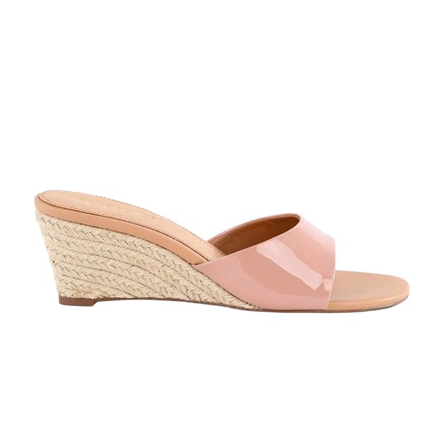 Pink wedge heel sandal with a woven base.
