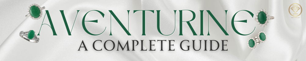 banner for aventurine jewelry guide with rings and bands on white silk background and text Aventurine A Complete Guide