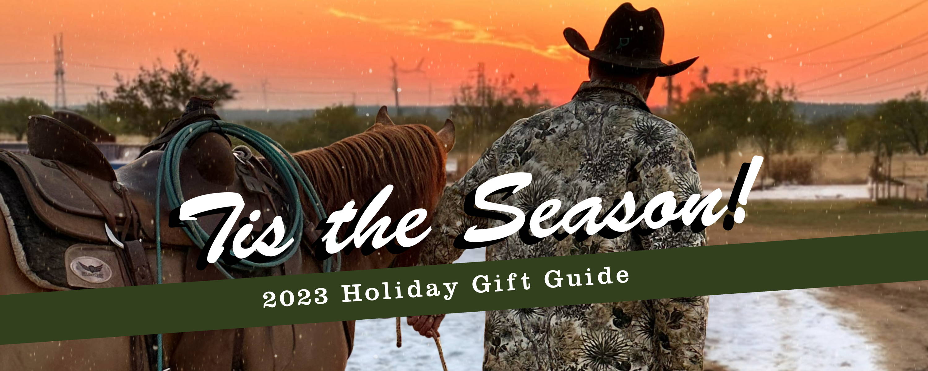 Tis the season! 2023 Holiday Gift Guide. Cowboy walking horse in snow.