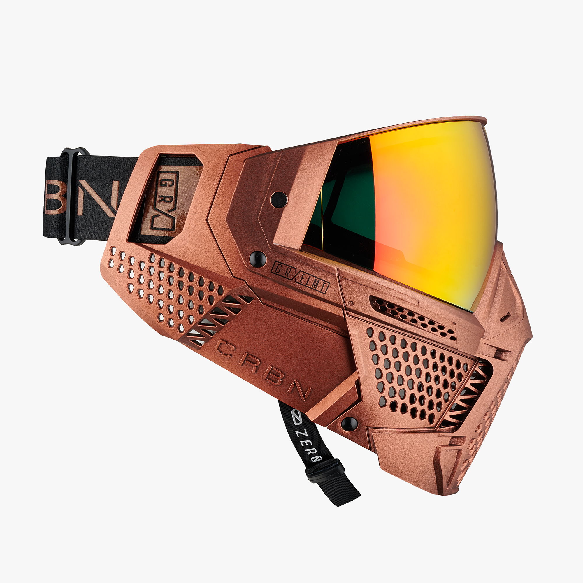 Goggles with a bronze frame and reflective yellow lenses.