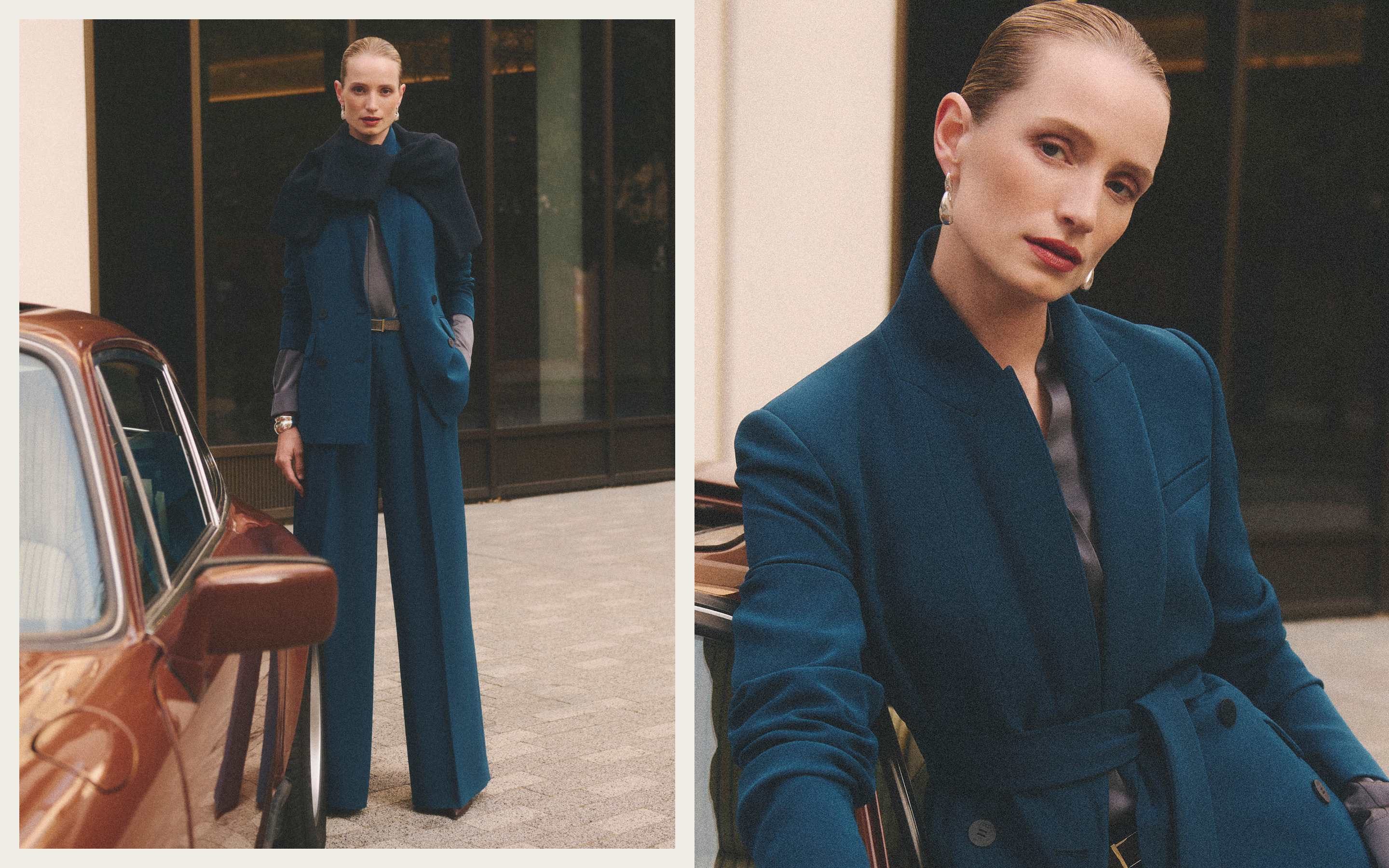 Model Wearing Teal Autumnal Suiting