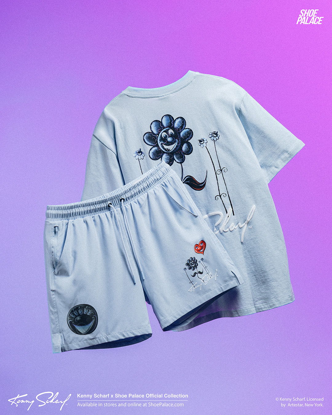 Light blue t-shirt and shorts with colorful flower and face designs.