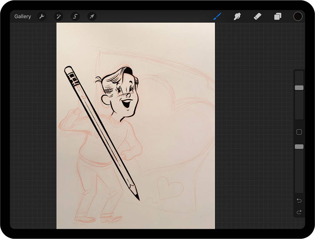 Inking the pencil in sketch of Valentines card sketch on separate layer in Procreate on iPad
