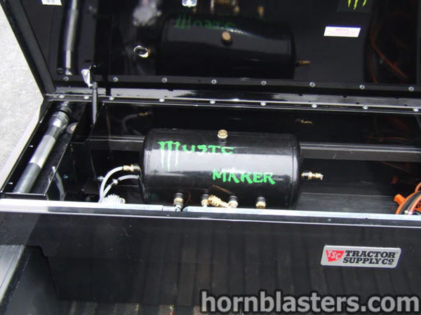 Music Maker air tank and compressor mounted inside TSC toolbox in Joe's truck bed photo 5