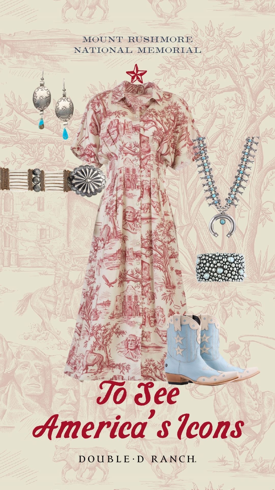 America the Beautiful Toile Dress with the Star Spangle Boots and Double D Ranch jewelry and accessories