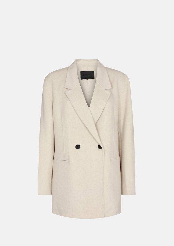 Product image of Levete Room Owa Blazer in Off White Melange with blazer lapel, two black button fastening and two front pockets.