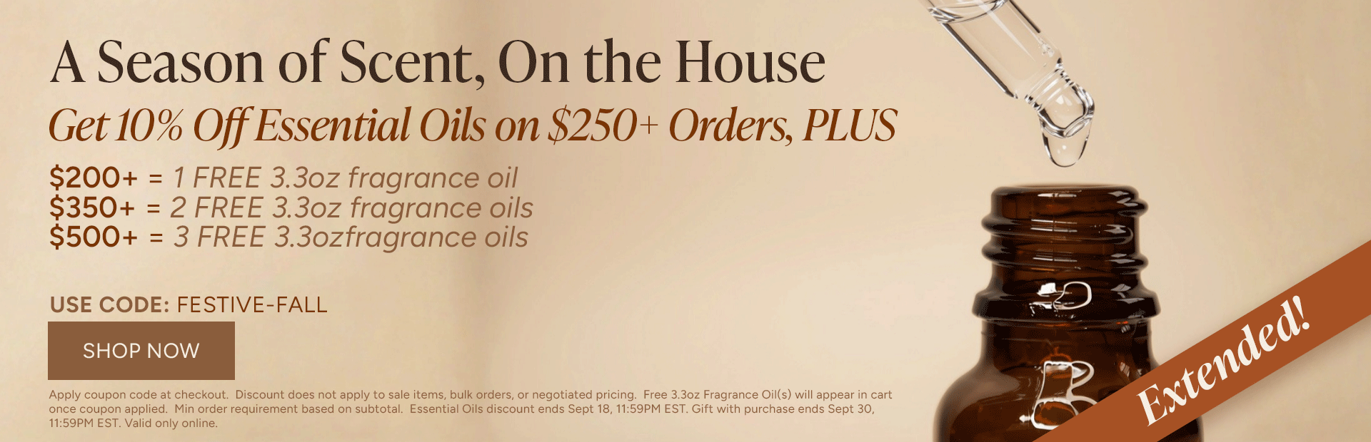 A promotional image for essential oils with discount information.