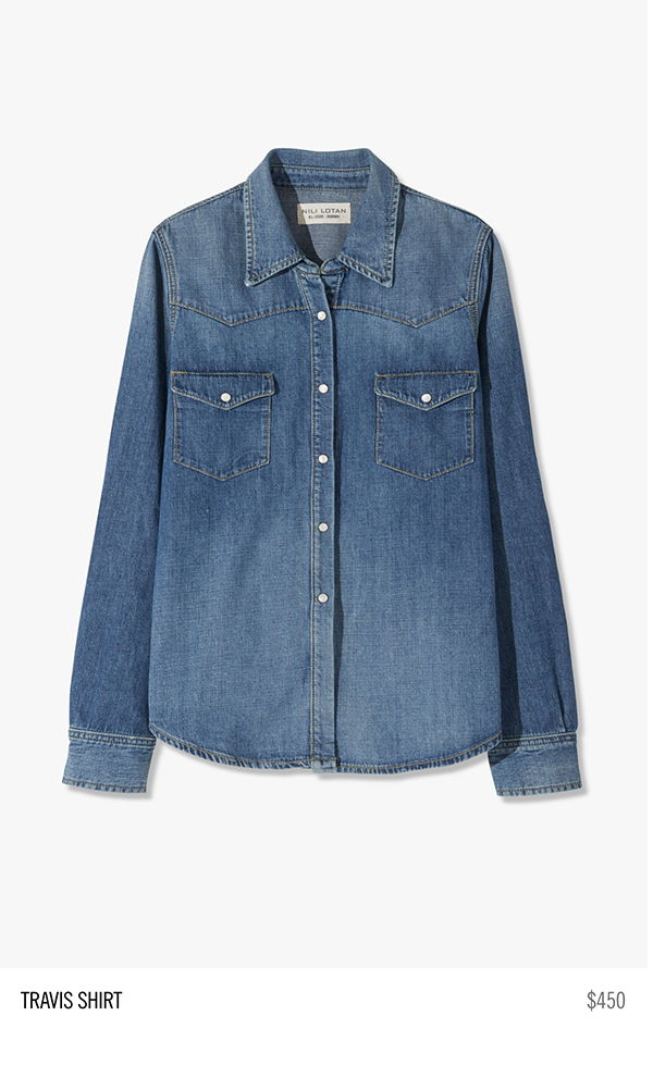 Denim shirt with button-down front and chest pockets.